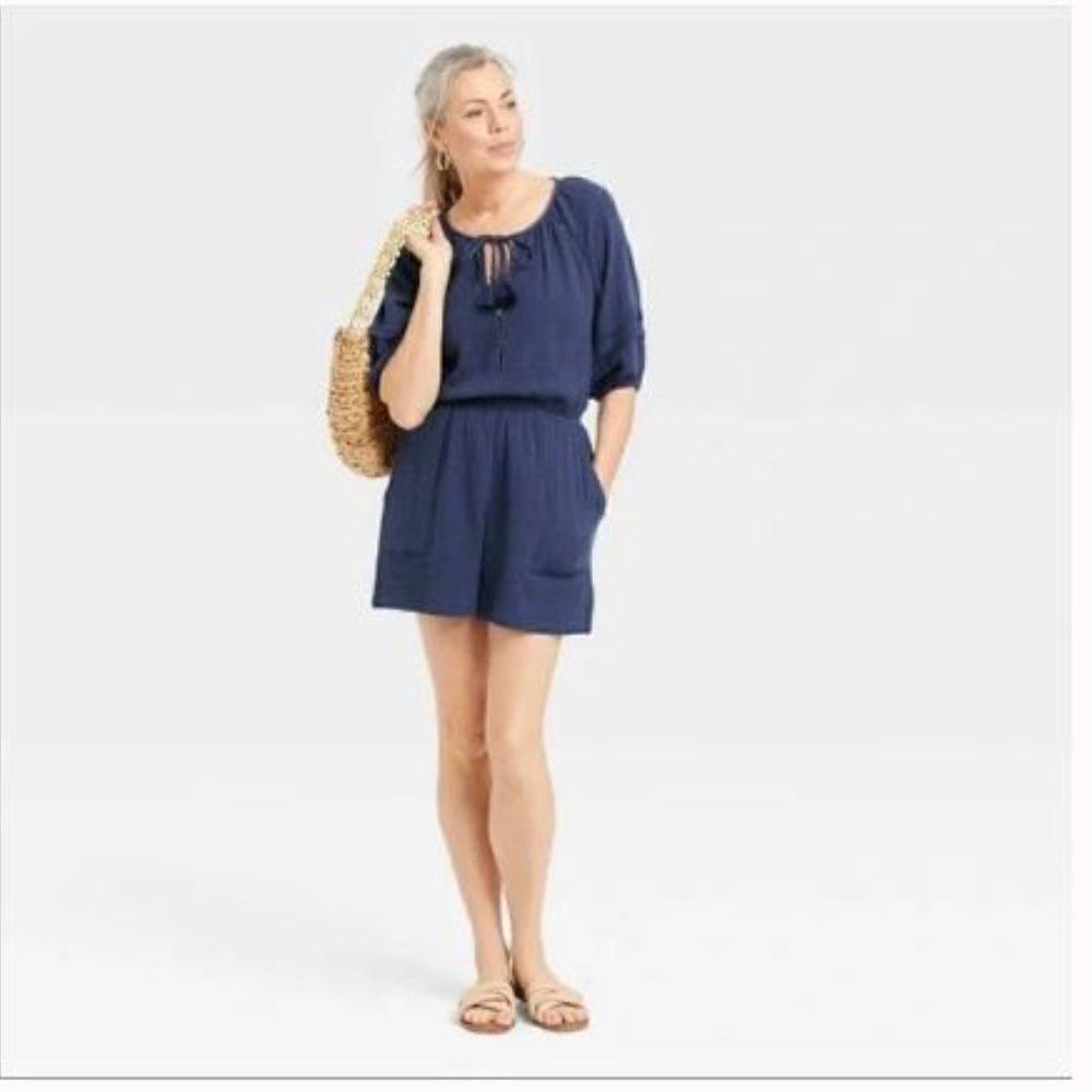 Knox Rose BOHO style Blue Short Sleeve Romper size XS